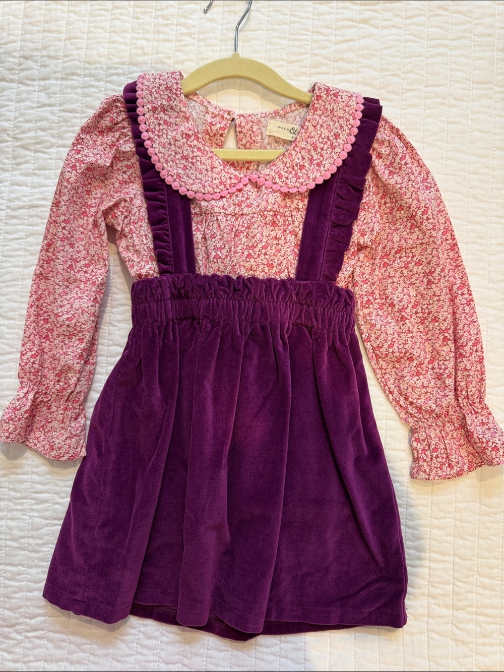 Girls Pink Floral Blouse with Purple Velvet Jumper Matching Set